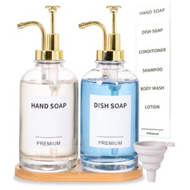 Dish Soap Dispenser for Kitchen, Hand Glass Soap Dispenser Set with Pump, Tray, Funnel for Bathroom, Shower, Laundry, Liquid, Lotion (Gold 2 Pack 18 Oz Clear Bottles with 12 Stickers)