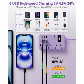 6 USB(2 USB C) Purple Travel Power Strip- 5Ft Purple Extension Cord with 24W USB Charging Station and 4 Outlets, Purple Desk Accessories with Surge Protector for Cute Kawaii Lavender Office Dorm Room