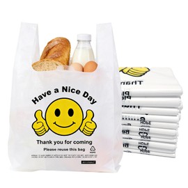 JINYONBAG Thank You Plastic Bags with Handles 11.5 x 6.5 x 21″, 0.55 Mil HDPE T-Shirt Grocery Bags, Smiley Thumbs Up Design, Semi-Transparent White, 50 Count, Plastic Shopping Bags for Small Business