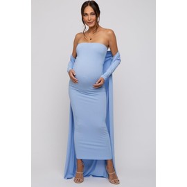 PinkBlush Light Blue Ribbed Sleeveless Dress Cardigan Maternity Set
