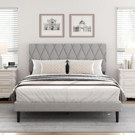 CXVX Full Size Bed Frame with Diamond Tufted Headboard, Linen Upholstered Platform Bed and Wooden Slat Support, Noise-Free, No Box Spring Needed, Easy Assembly, Light Grey