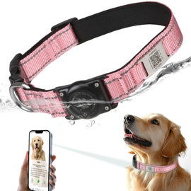 Furrigo Airtag Dog Collar with QR Code - IP68 Waterproof Air Tag Dog Collar Holder ID Tag - Reflective, Ultra-Durable, Comfortable Padded - GPS Dog Collar for Small Medium Large Dogs (M, Pink)