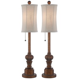Regency Hill Bertie Traditional Natural Cottage Buffet Table Lamps 28" Tall Skinny Set of 2 Warm Brown Wood Tone Fabric Drum Shade Decor for Living Room Bedroom House Bedside Nightstand Home