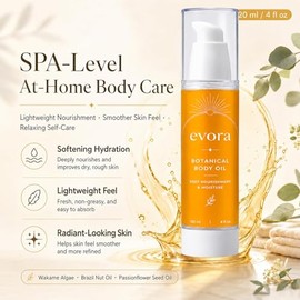 Evora Botanical Body Oil, Wakame Algae, Brazil Nut & Passionflower Seed Oils, Lightweight Firming Massage Oil for Smoother-Looking Skin & Cellulite Appearance, Non-Greasy Hydrating Body Oil, 4 Fl Oz