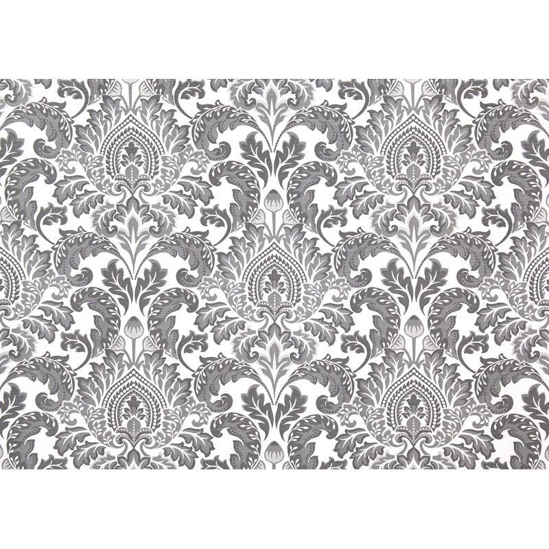 CHD Home Fabric Shower Curtain, Damask Floral Design, Grey and