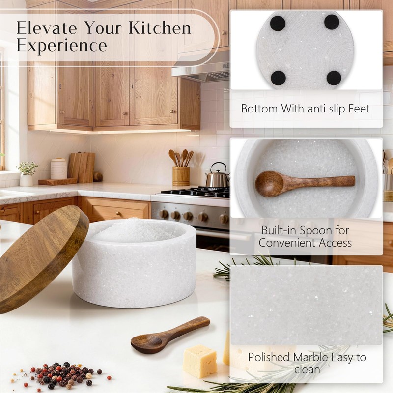 Vorisebo Marble Salt Cellar with Lid & Spoon, Salt Container,