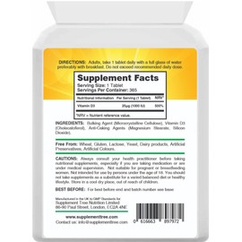 Vitamin D 1000IU 365 Vegetarian Tablets | Optimum Strength Cholecalciferol Vitamin D3 Supplement | UK Manufactured
