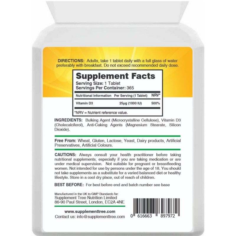 Vitamin D 1000IU 365 Vegetarian Tablets | Optimum Strength Cholecalciferol