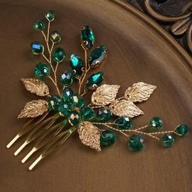 Elegant Bridal Hair Comb, Emerald Green Crystal with Gold Leaves, Wedding Hair Accessory, Decorative Hair Vine for Special Occasions (Gold)