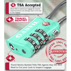 ANVIL TSA Approved Luggage Locks - Re-settable 3-Digit Combination Cable Lock with Alloy Body, Keyless Travel Sentry Accepted Padlock for Gym Locker, Golf Bags, Suitcases