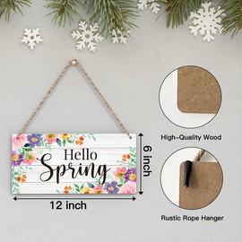 Spring Decorations Door Sign for Home, Hello Spring Floral Sign for Rustic Farmhouse, Spring Front Door Wall Home Decor 12 X 6 Inch