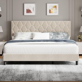 GAOMON Beige King Bed Frame with Upholstered Headboard, Heavy-Duty Platform Bed Frame with Strong Wood Slats, No Box Spring Needed/Noise Free/Easy Assembly