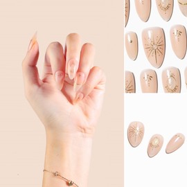 Sun&Beam Nails Handmade Nail Tips, Medium, Long, Almond, Flesh Color, Gold, False Claws, Ribbon Design, Stylish, Set of 10 (#099 L)