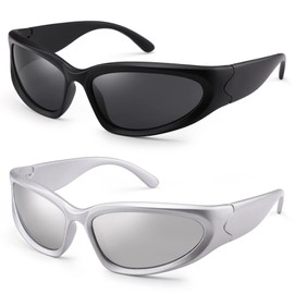 ZUVGEES anteojos de sol envolventes de moda para hombres y mujeres, anteojos de sol ovaladas deportivas UV400 para exteriores, 2 pares (negro mate, gris y plateado con espejo), M