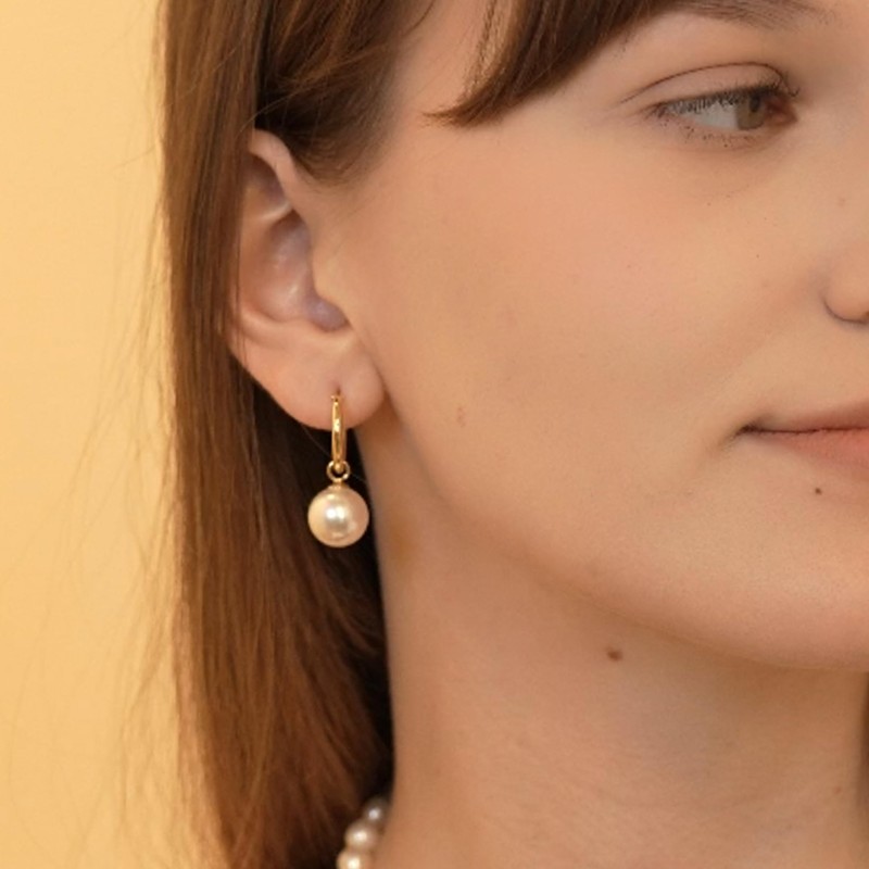 Pearl Hoop Earrings for Women, 18K Gold Plated Huggie Drop