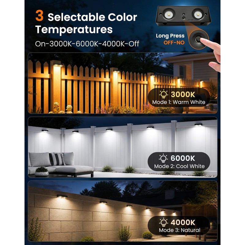 JOFIOS Fence Lights Solar Powered 12 Pack, 3000/4000/6000K 3 Modes,