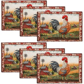 Rooster Placemats Set of 6 Chicken Farmhouse Table Mats Washable Place Mats for Home Party Indoor Kitchen Dining Table Decoration 12x18 Inch