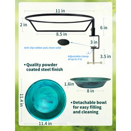 Deck Mounted Bird Bath for Outside, Detachable Birdbath Bowl with Sturdy Clamp, Easy Setup Outdoor Bird Feeder for Garden Patio Lawn Yard Decoration