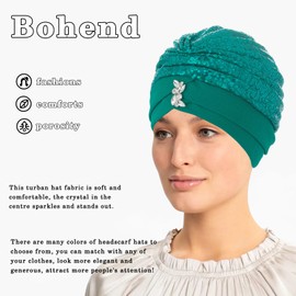 Bohend Rhinestone Turban Hat for Women Sequin Stretch Headwarp Pre Tied Head Cover Bonnet Muslim Crysta Pleated Headscarf Hat (US, Alpha, One Size, Green)