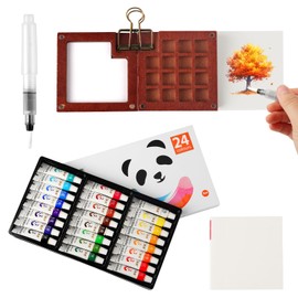 Watercolour Travel Set, Sketchbook Palette Set 8 Grids, Portable Wooden Painting Palette, Painting Box, Sketchbook Palette for Artists, Students, with Watercolour Paper Journal, Watercolour Brush Pen