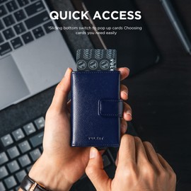 VULKIT Credit Card Wallet RFID Blocking Leather Automatic Pop Up Wallet Bifold Pocket Wallet with Banknote Slot for Men and Women