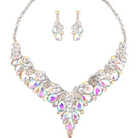 Enrwin Women’s Costume Pearl Austrian Crystal Teardrop Flower Statement Necklace Dangle Earrings Jewelry Sets for Wedding Bridal, Metal, crystal