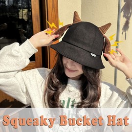 Cute Bucket Hat with Goat Horns and Ears Summer Sun Hat for Women Novelty Fishing Cap Men Rave Hat Theme Party, White, Large