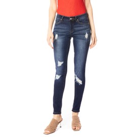 Kan Can Women's Mid Rise Destroyed Skinny Jeans Dark Wash KC8001HRD (9, Dark Wash)