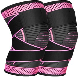 Ruilaibao Knee Braces for Knee Pain 2 Pack Adjustable Knee Brace for Women and Men Knee Compression Sleeves with Straps for for Sports, Running, Meniscus Tear, ACL, PCL, Arthritis (Rose red, Large)
