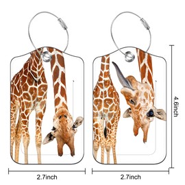 2 Pack PU Luggage Tags for Suitcase, Funny Giraffe Suitcase Tag Leather Privacy Cover ID Label with Stainless Steel Loop for Baggage Handbag School Bag Backpack
