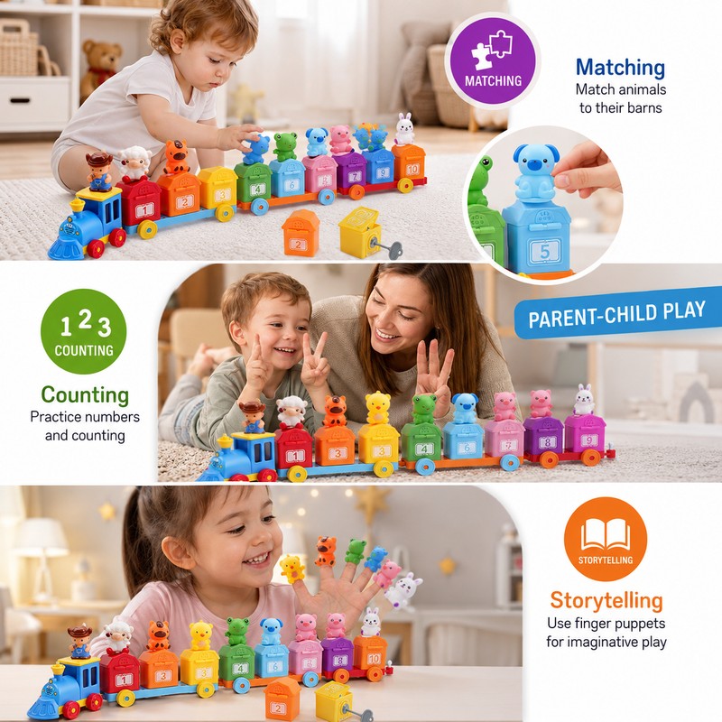 Montessori-Inspired Farm Train Toy for Toddlers – Counting, Matching &