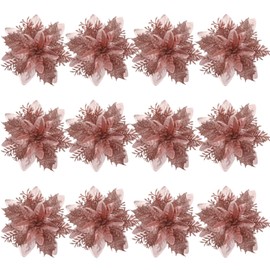 TOYANDONA 12Pcs Christmas Poinsettia Flowers, Artificial Glitter Poinsettia Flowers Home Party Wreath Decorations Christmas Tree Flowers Ornaments Party Decoration with Stems and Clips- Rose Red
