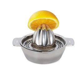 Vinod Exprimidor de cítricos para naranja, limón, pomelo, lima, acero inoxidable, jugo de prensado a mano, máquina manual simple con colador y boquilla de fácil vertido, prensa de rotación exprimidora de mano, fácil de usar, almacenar y limpiar, apto par