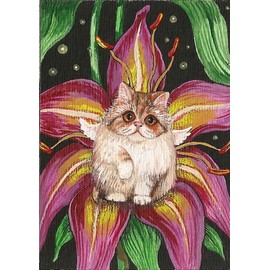 5x7 PRINT OF PAINTING RYTA PERSIAN CAT ANGEL FAIRY FLOWERS STARS LILY ART Easter