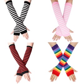 ZOCONE 4 Pairs Arm Warmers Long Fingerless Gloves for Women, Striped Arm Warmer Long Warm Arm Sleeves Women, Stretchy Wrist Warmers Sleeve Arm Warmers Gloves Autumn Winter Accessories (Bright Colours)