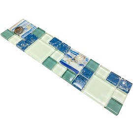 Hominter Tile Sample 3 x 12 Inches: Blue and White Glass Backsplash Tiles, Resin Shell Tile Beach Style House, Perfect for Kitchen Backsplashes and Bathroom Walls and Shower Accents GC370