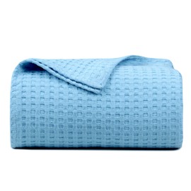 Tex Trend 100% Cotton Waffle Weave Queen Size Blanket - Lightweight, Breathable, Soft, Blue, 90x90 Inches