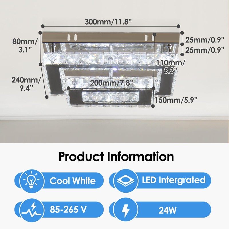 Finktonglan LED Crystal Ceiling Light Modern Flush Mount Rectangular Lamp