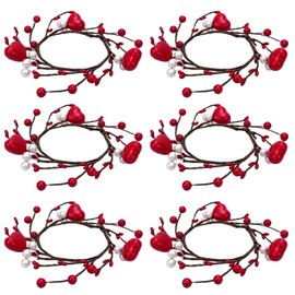 VirtuGro 6 Pieces Valentine Wreath Candle Rings Mini Red White Berry Hanging Valentine's Day Decoration for Wedding Front Door Wall Window Mantel Kitchen Cabinet Decor