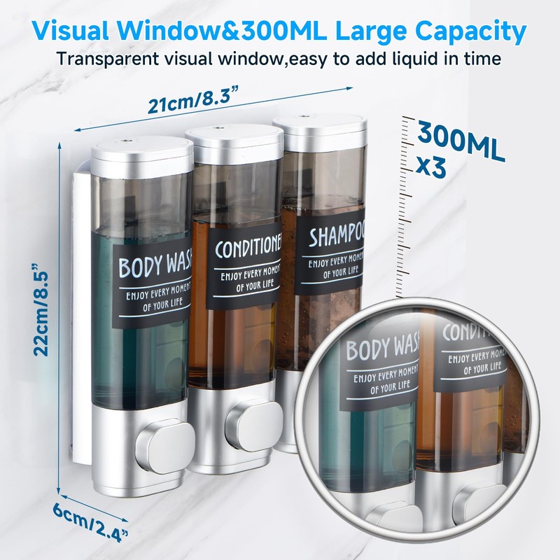 Shampoo and Conditioner Dispenser,GlintGath Shower Dispenser 3 Chamber No Drill