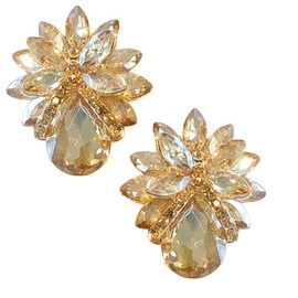 Large Art Deco Antique Vintage Retro Style Gold Citrine Honey Amber Rhinestone Bridal Bridesmaid Wedding Prom Pageant Drag Queen Statement Cluster Earrings