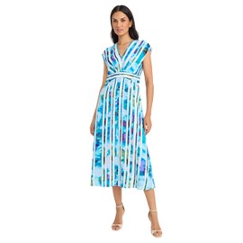 Maggy London Women's Empire Waist Cap Sleeve V-Neck Midi-Elegant A-Line Wedding Guest Dress, Softwhite/Breeze Blue