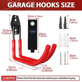 3-H Wall Hooks Heavy Duty 4 Big J Shape Hooks,Ladder Hooks with Extra Welding Spots,Garage Hooks for Hanging,Garage Organizer for Garden Lawn Yard Tools Chairs Ladders WeedEater Shovel Blower(Red)