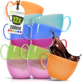 idea-station Plastic Cups Set of 12 – 200 ml – Colourful – Plastic Coffee Cups for Children and Seniors – Shatterproof Coffee Cups Small with Handle