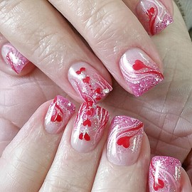 24Pcs Valentines Day Press on Nails Short Square Fake Nails Red Heart Pink Glitter with French Lines Full Cover Acrylic Tip Glue on Nails Artificial Reusable French Tip False Nails for Women Girls