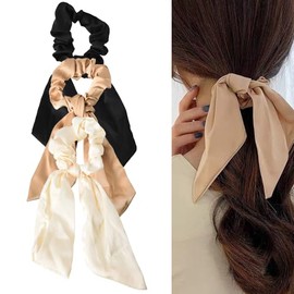 Silky Satin Hair Scarf Scrunchies with Ribbon Tails - Elastic Ponytail Holders for Women and Girls in Black, White, Beige for Thick and Thin Hair, 3PCS