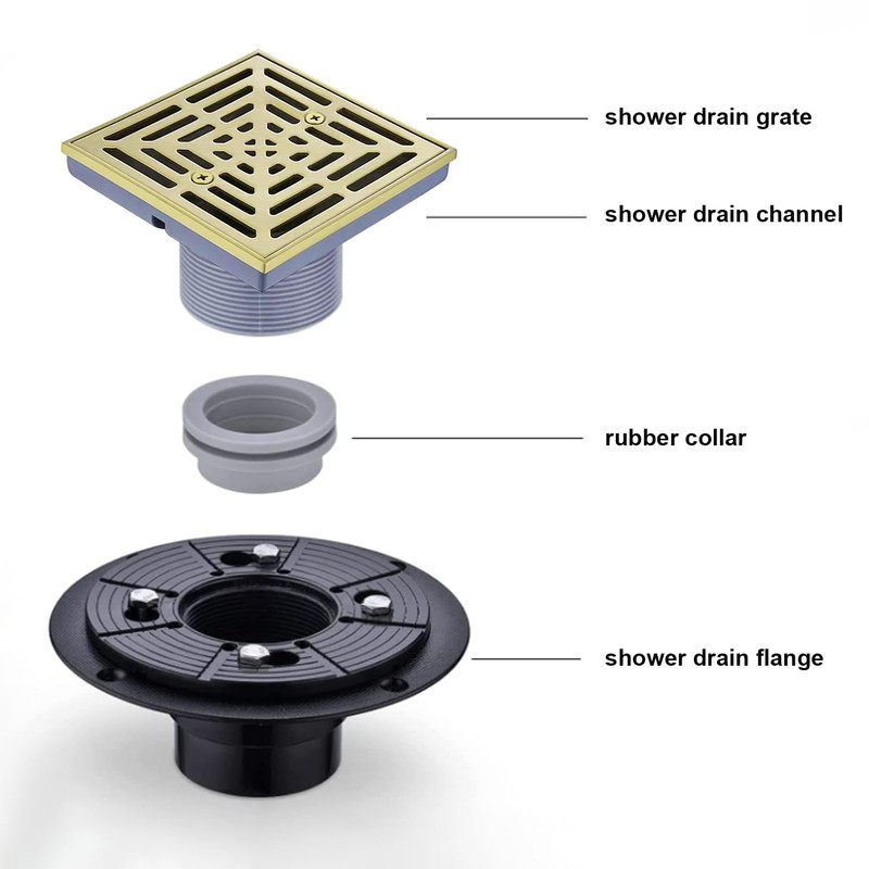 EXF Square Shower Drain 4 1/3 Inch Brushed Gold, Low