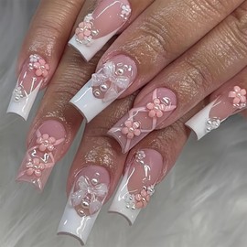SEMATA Pink French Tip Press on Nails Medium Long Square Acrylic Fake Nails Press Ons with Glue 3D Flower Bow Stick on Nail for Women Pearls Artificial Glue on False Nail with Designs 12 Sizes