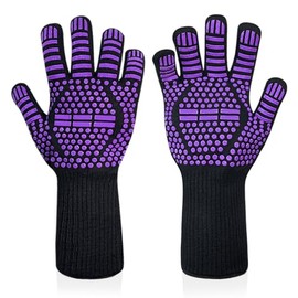 BBQ Gloves 1472°F Heat Resistant Grilling Gloves Silicone Non-Slip Oven Gloves Long Kitchen Gloves for Barbecue, Cooking, Baking, 1 Pair (Purple, 13.7'')