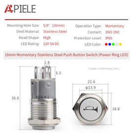 APIELE 16mm 12V Momentary Speaker Horn Push Button Toggle Switch 0.63" Mounting Hole 1NO 1NC SPDT with Pre-Wiring Socket for Car Auto Motor (Red, Silver Shell)